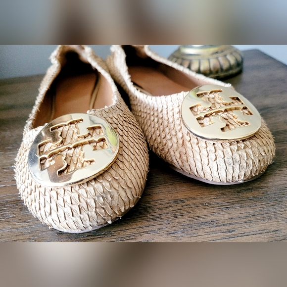 Tory Burch Reva Textured Snake Leather Ballet Flat Shoes Natural Sand US8 - Picture 12 of 16